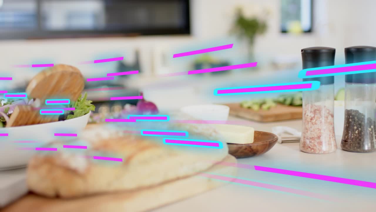 Magenta cyan streaks sweeping diagonally, causing camera shifting to highlight salad bowl
