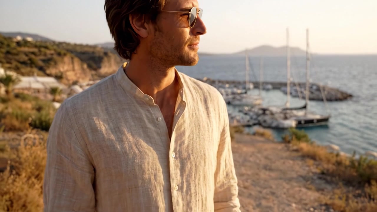 Uno stile estivo casual: un giovane uomo in camicia di lino leggera si gode una vista costiera panoramica al tramonto, mostrando una moda rilassata nella natura.