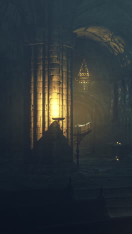 mysterious underground chamber with glowing lights and stone structures