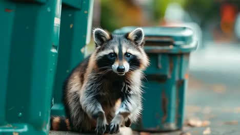 a raccoon sitting on the ground next to a trash can