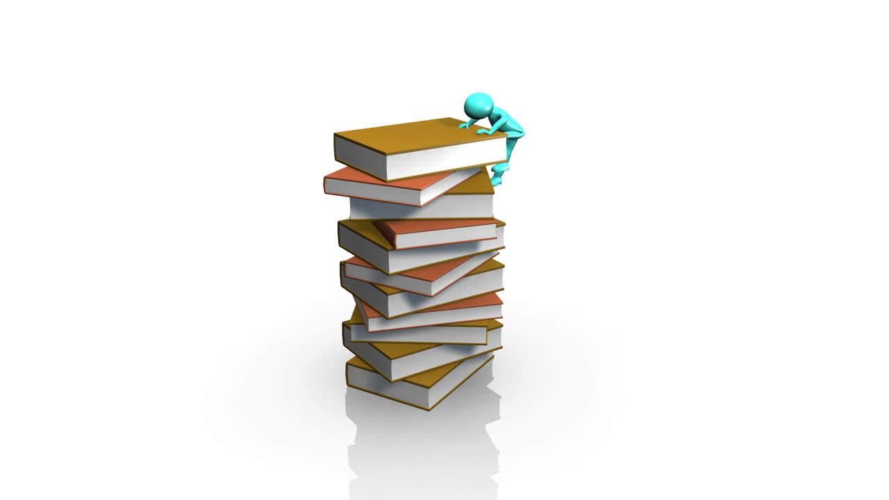 3D man climbing a pile of books