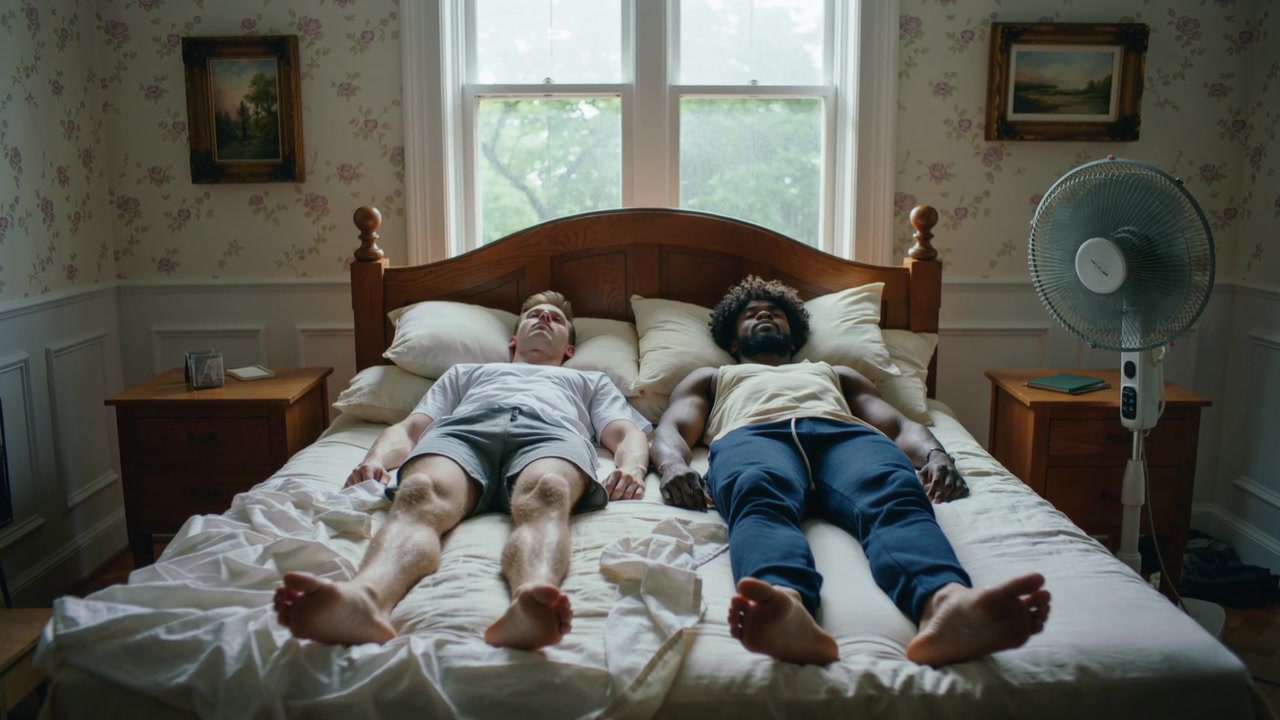 Recording showing two men lying on bed in bedroom, wearing casual shirts and sweatpants, resting
