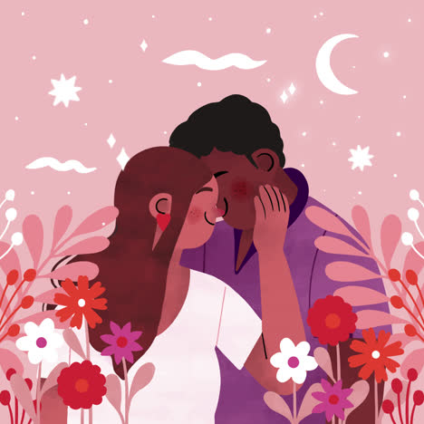 romantic couple kissing in a garden at night