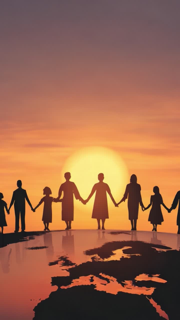 Diverse Group of People United at Sunset, Standing Hand in Hand on Earth, Symbolizing Friendship, Solidarity, and Hope for a Better Future