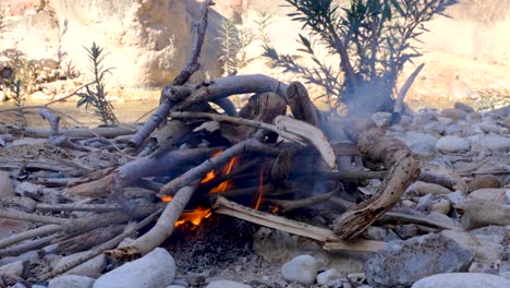 small open camp fire with kindling starting to smoke and burn in outdoorsy wilderness next to a flowing river