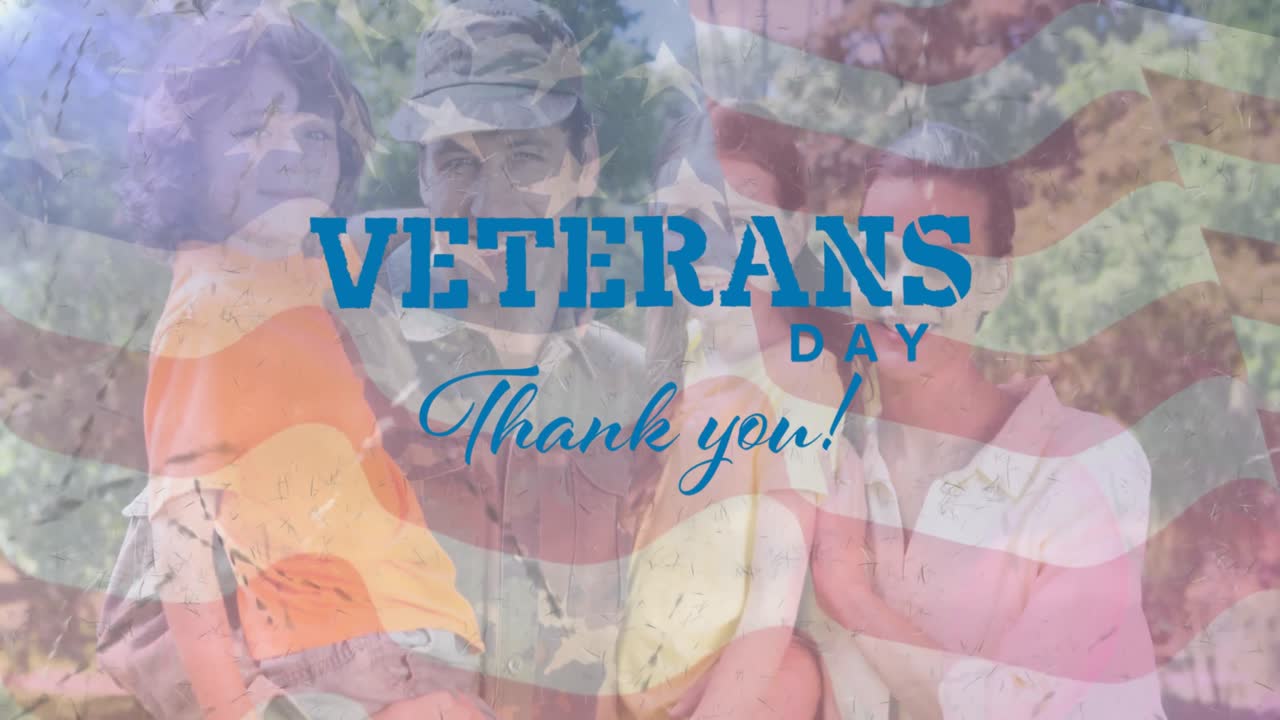 Animation of veterans day thank you text over caucasian male soldier with family and american flag