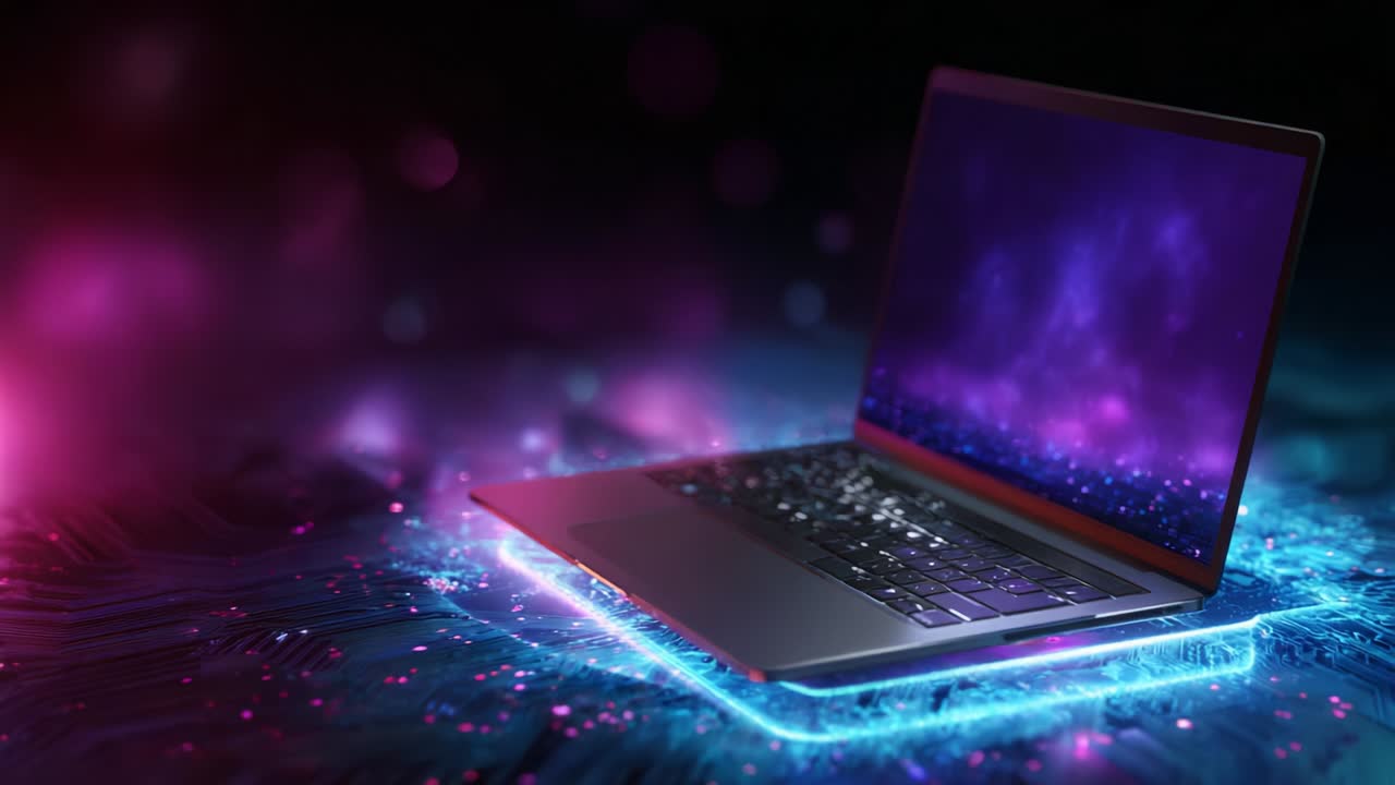A sleek, futuristic laptop illuminated by vibrant colors, gracefully positioned above a glowing circuit board, captures the essence of modern technology and innovation in a captivating digital landscape