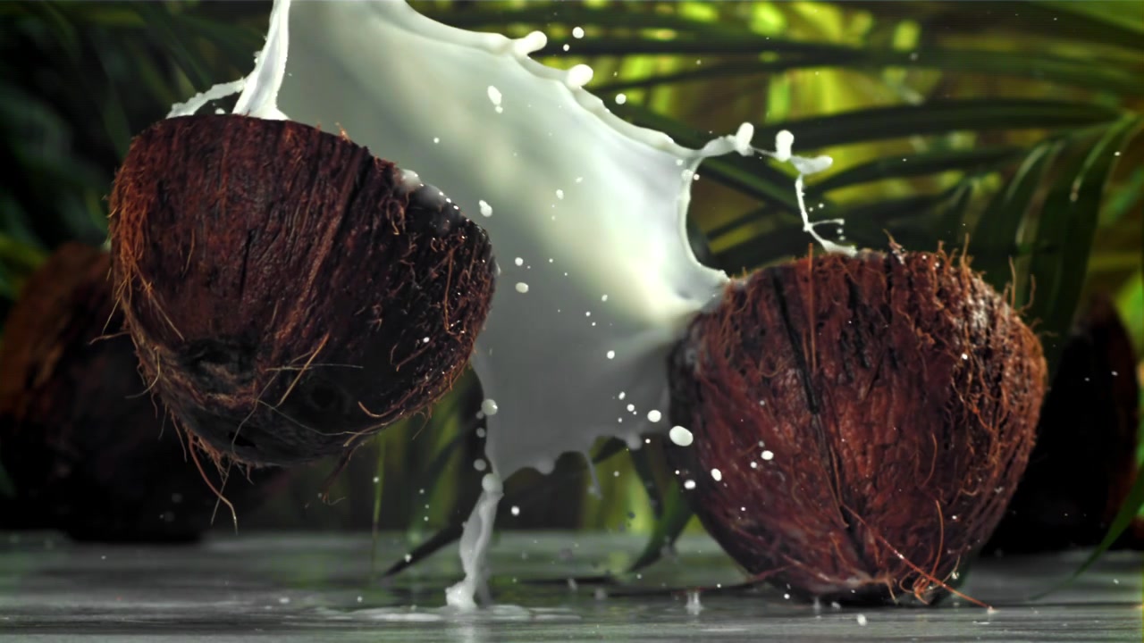 Fresh Coconut Cut in Half with Milk Splashing in Slow Motion