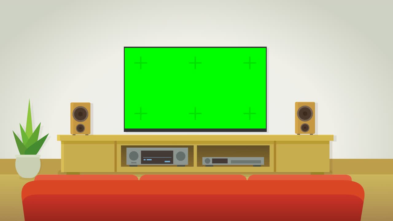Zoom in on a green screen television hanging on the wall during the day (flat design)