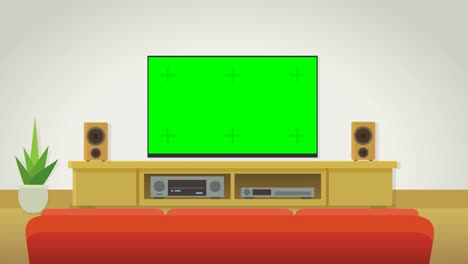 zoom in on a green screen television hanging on the wall during the day (flat design)