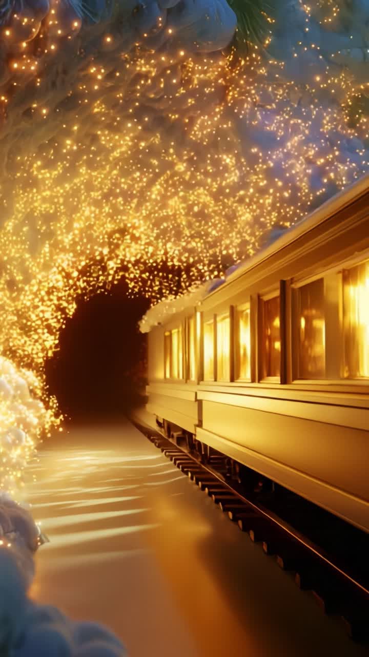 A mesmerizing view of a train traveling through a magical tunnel filled with glowing lights and enchanting sparkles, creating an ethereal atmosphere that captivates the imagination and transports the viewer