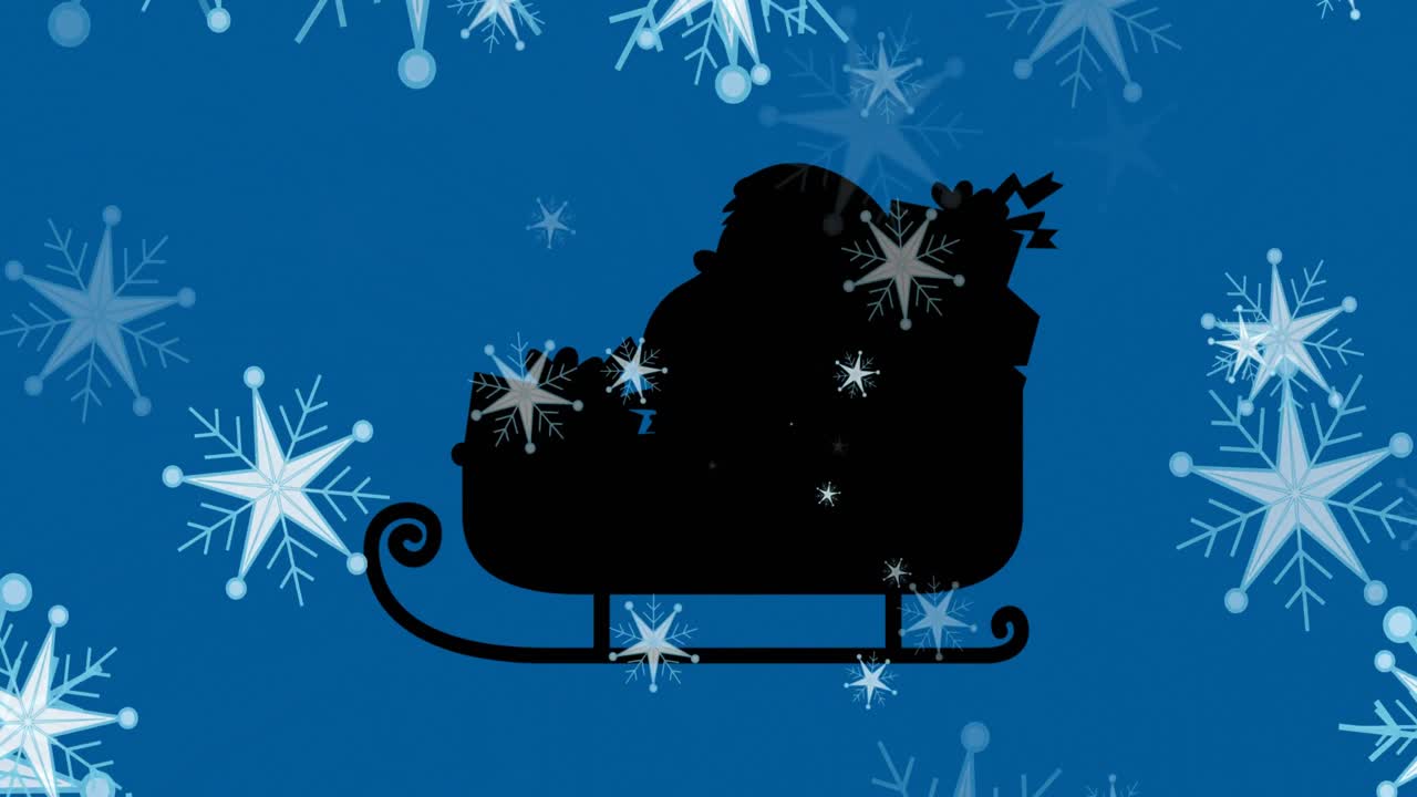 Animation of santa's sleigh with presents over snow falling on blue background