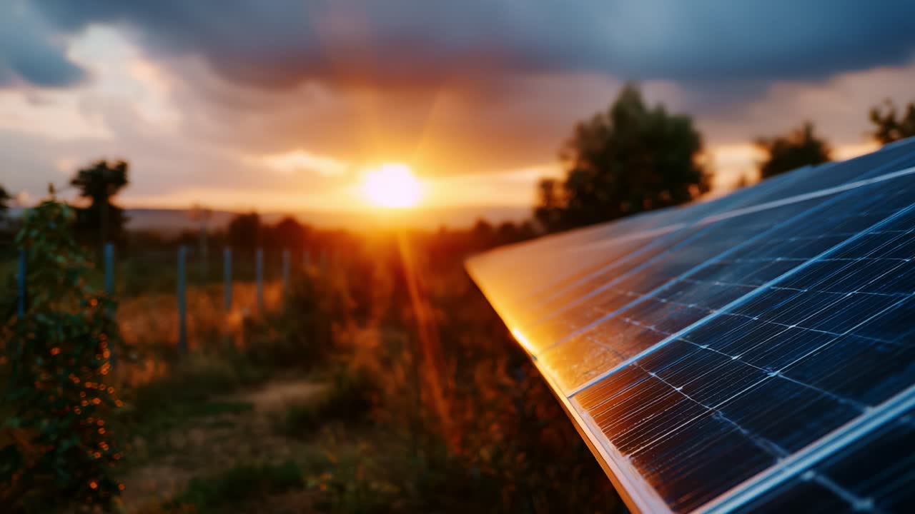 Captivating Sunset Over a Solar Panel Field Emphasizing Renewable Energy's Importance in Sustainability and Modern Technology