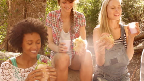 group of friends hiking in a forest take a break to eat