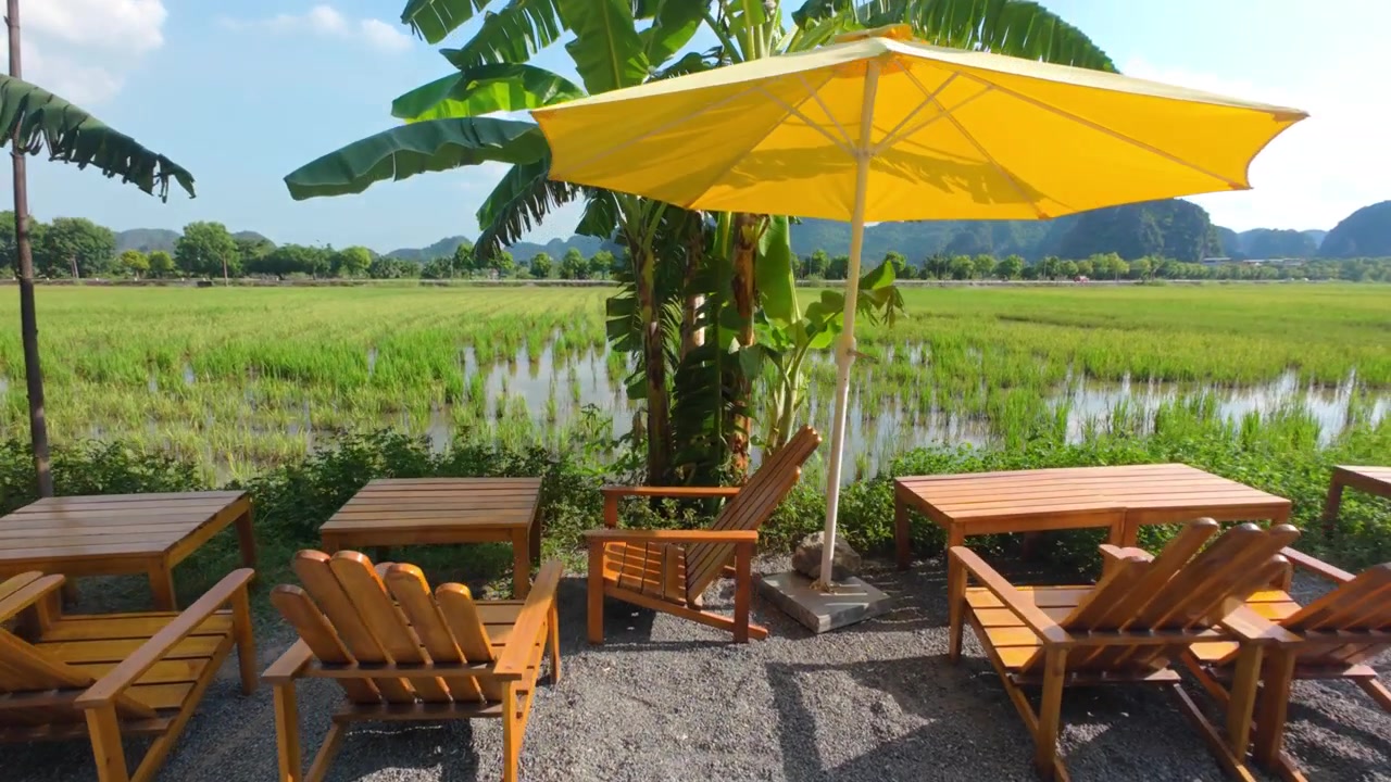 Vista soleggiata di rigogliose risaie e montagne calcaree da una tranquilla area salotto all'aperto a Ninh Binh, Vietnam, che mostra il paesaggio rurale scenografico della regione
