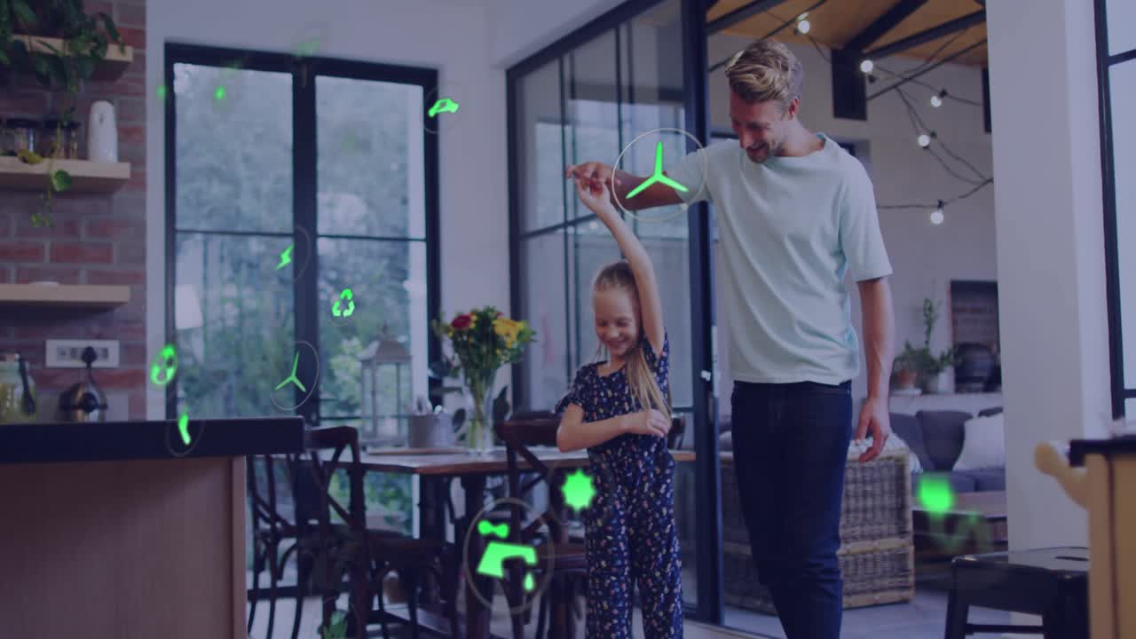 Father raising arm and guiding daughter through spinning in dining area with green icons drifting