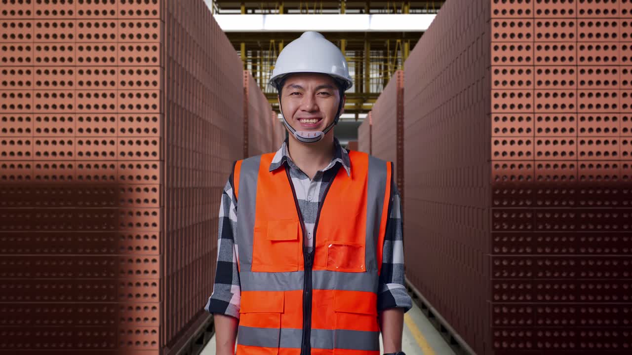Asian Male Engineer With Safety Helmet Smiling To Camera While Standing With Red Brick Packed in Stacks Are Stored