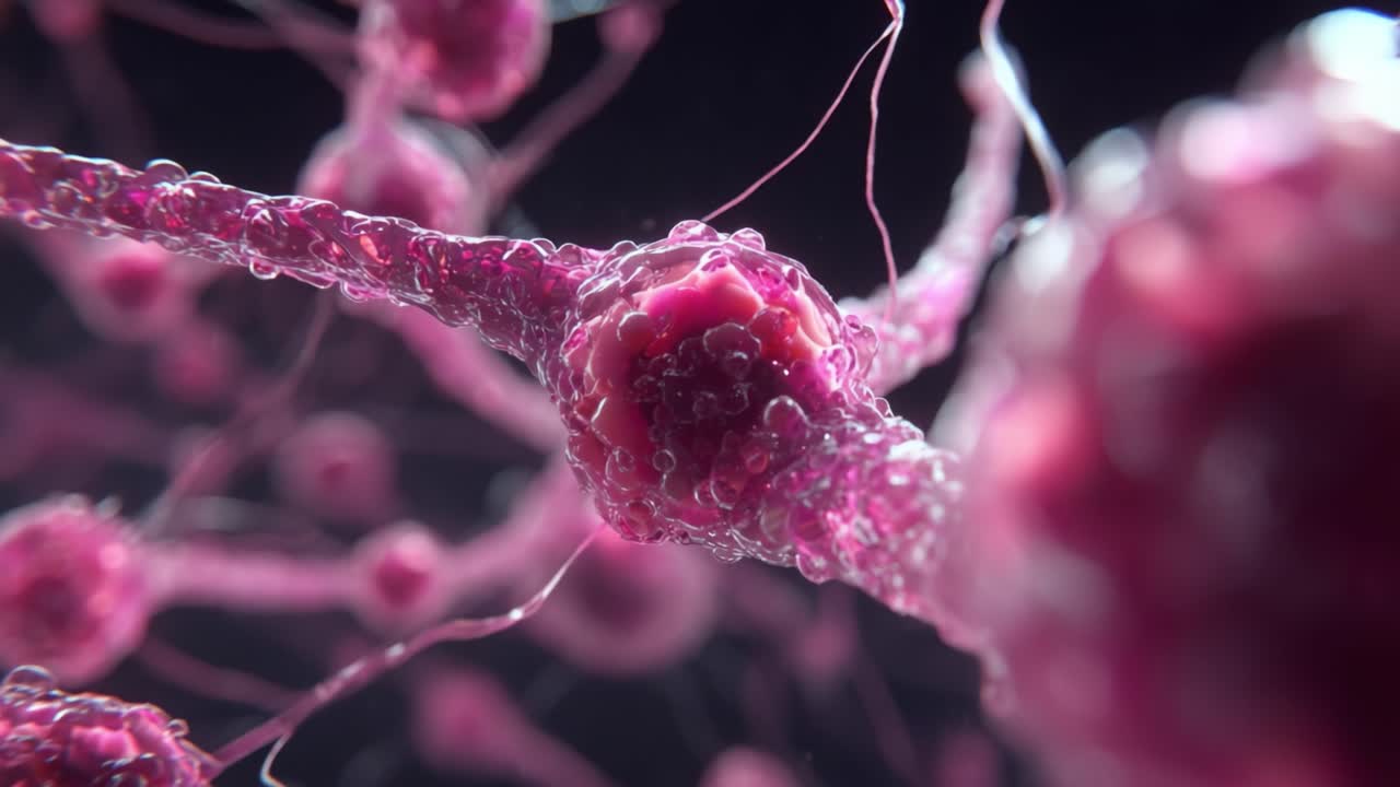 Explorando el intrincado mundo de las estructuras celulares: un primer plano de neuronas y sus redes interconectadas en una vibrante paleta de color rosa.