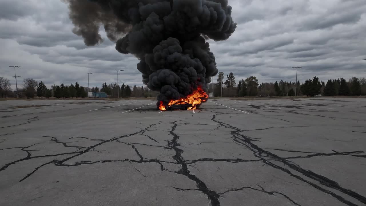 Inquadratura grandangolare di un incendio e fumo spettacolari in un parcheggio vuoto, perfetta per una scena video.