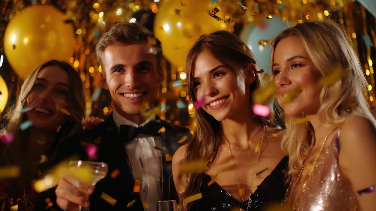 A Joyous Celebration: Friends Gather Together at a Festive Party Surrounded by Colorful Balloons and Shimmering Confetti, Making Lifelong Memories and Enjoying Each Other's Company