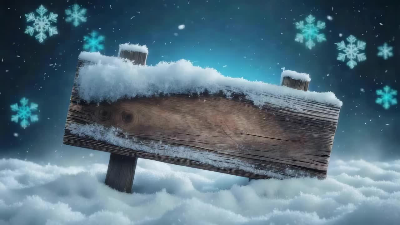 A wooden sign covered in snow surrounded by falling snowflakes