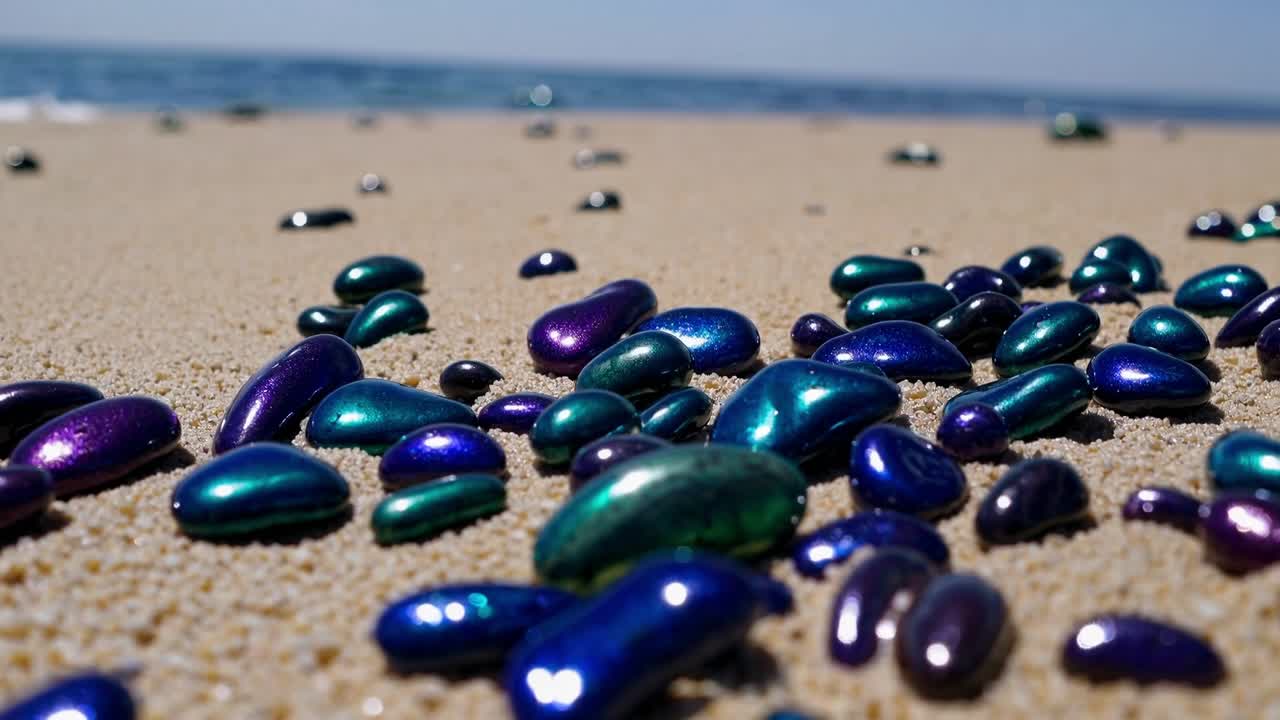 Iridescent pebbles are beautifully scattered on sandy beach, highlighting vibrant colors and textures, creating a captivating natural scene filled with tranquility and charm