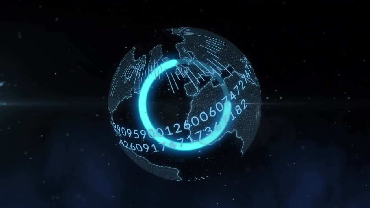 Animation of binary coding data processing over globe on black background