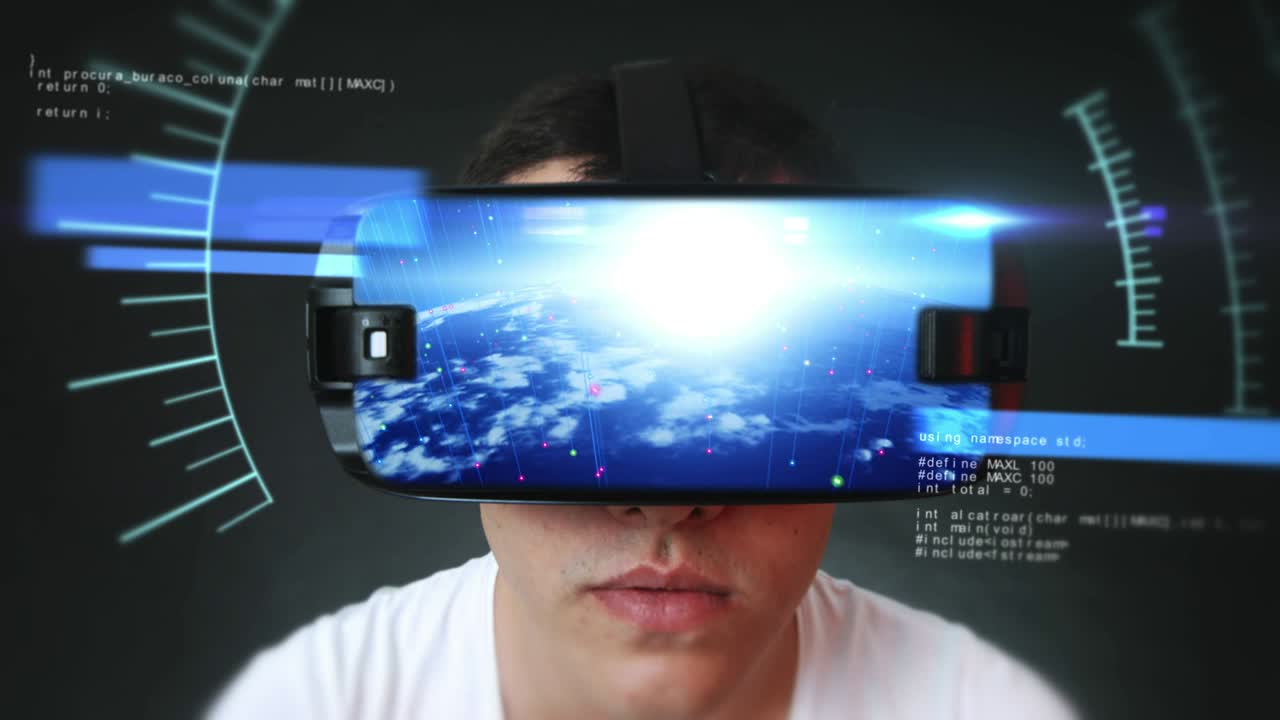 Handsome young man wearing VR headset and experiencing virtual reality.