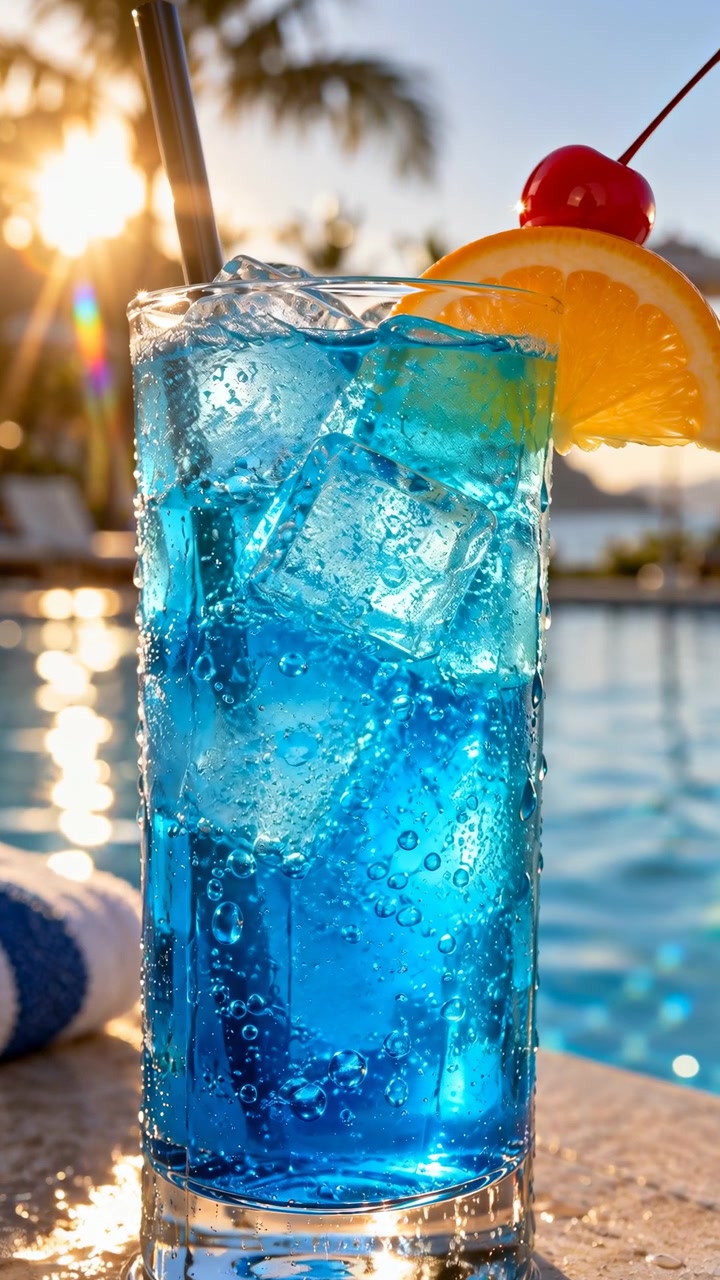 Una bevanda blu vivace con ghiaccio trasparente riempie un bicchiere alto vicino all'acqua turchese della piscina, mentre una guarnizione di agrumi e frutti rossi cattura la luce dorata del sole sotto palme leggermente sfocate.