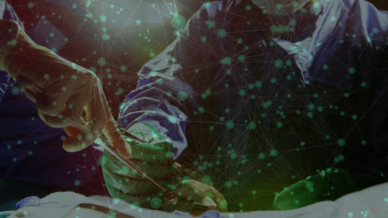 병원에서 수술을 수행하는 외과 의사 팀을 통해 연결의 녹색 네트워크의 애니메이션