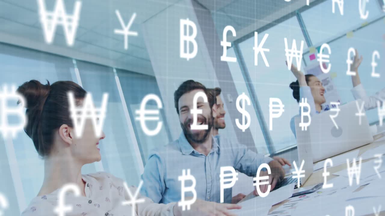 화폐 기호의 애니메이션은 사무실에서 다양한 사업가들을 처리합니다.