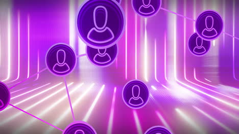 red de iconos de usuario conectados por líneas, animación de comunicación digital sobre fondo de neón