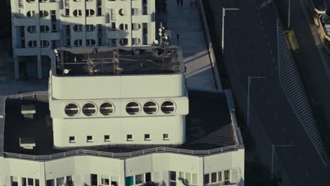 high angle view of urban architecture with people and public transport