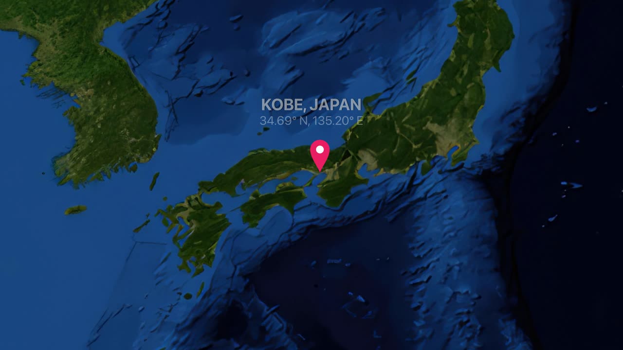 地球のグローバルマップから日本の神戸にある特定の場所のピンまで、スムーズなデジタルズーム