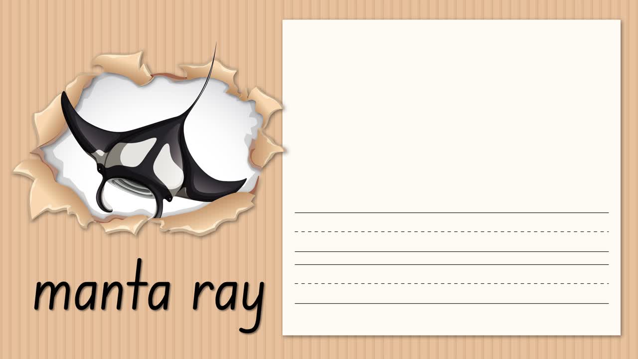 Animated educational video demonstrates writing the letter M alongside a manta ray illustration and text