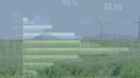 Animation-of-statistical-data-processing-over-spinning-windmills-on-grassland-against-grey-sky