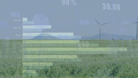 animation of statistical data processing over spinning windmills on grassland against grey sky