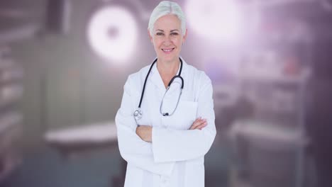 animation of smiling caucasian female doctor over blue ribbon