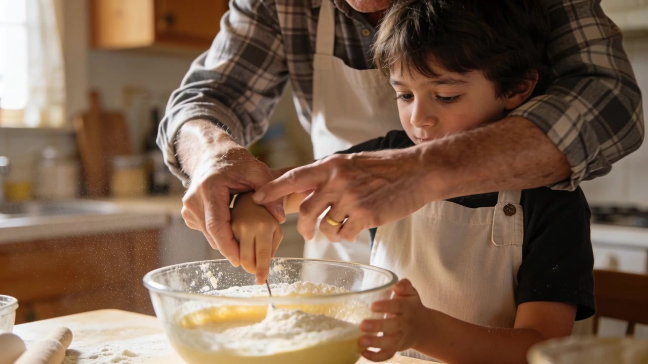Placing hands senior guiding child stirring spoon in mixing bowl at home table in aprons, teaching
