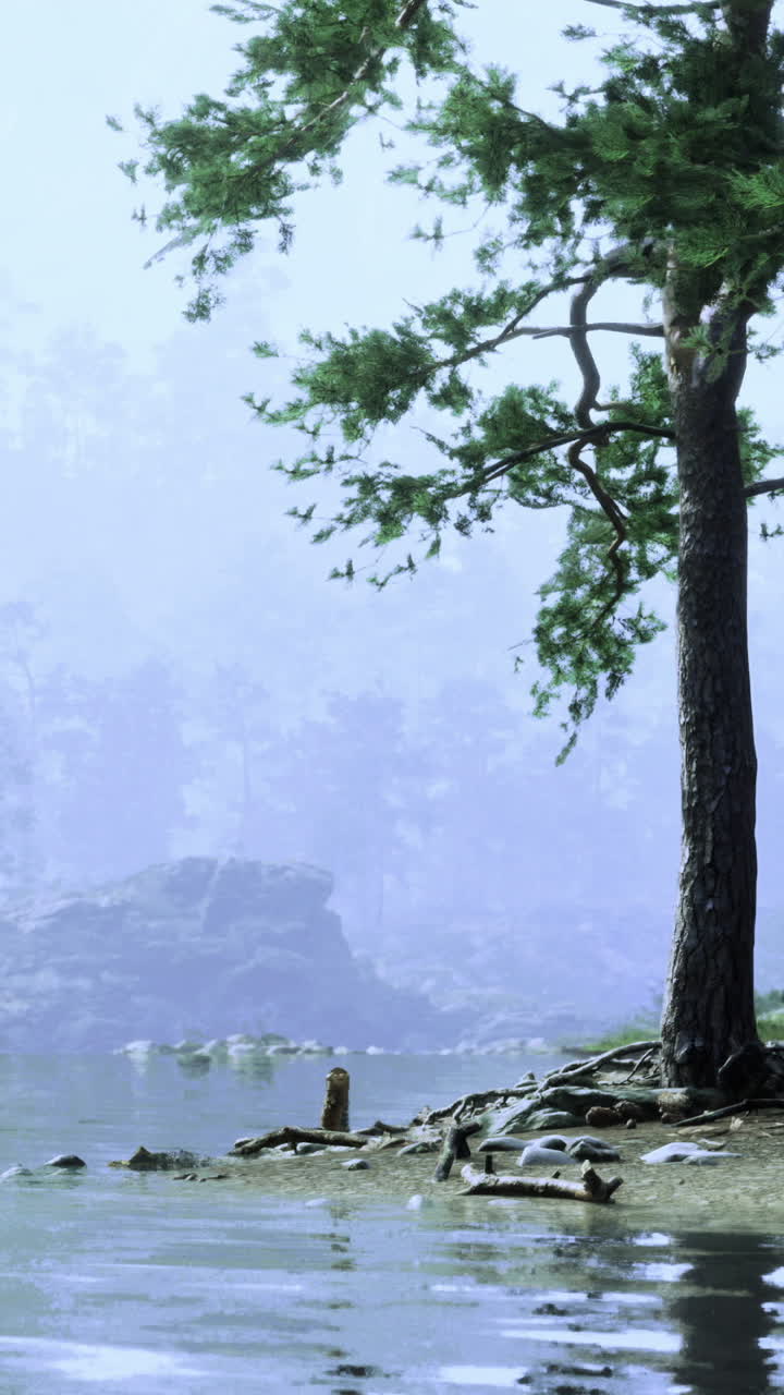 Serene lakeside view with fog and trees during early morning light