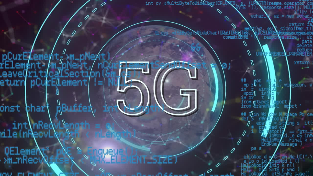 animazione di testo 5g su scanner rotondo e elaborazione dei dati contro reti globe e plexus.