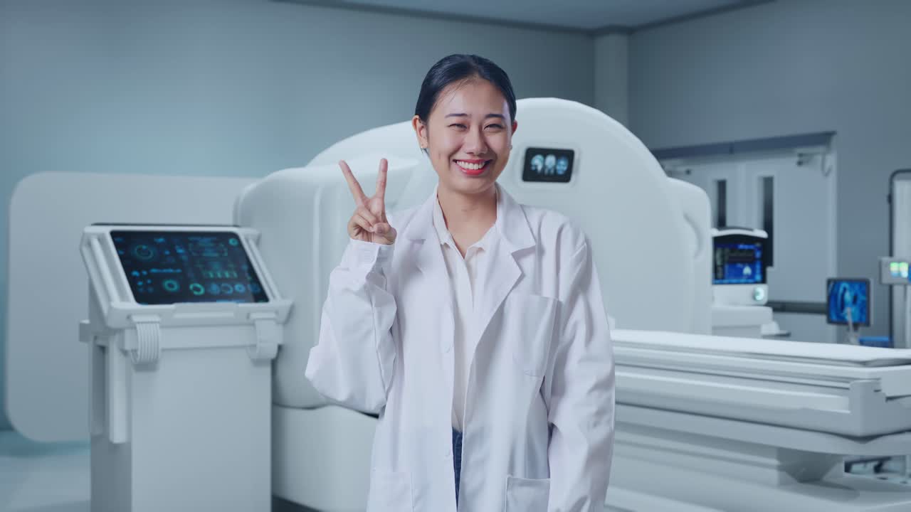 Asian Woman Doctor Showing Gesture Peace And Smiling With Mri Machine In The Hospital