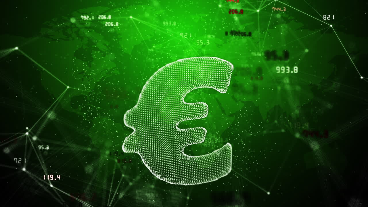 3D hologram of euro currency symbol on green background with plexus lines and dots. Values of financial indicators of stock exchange are constantly changing. Abstract space motion graphics.