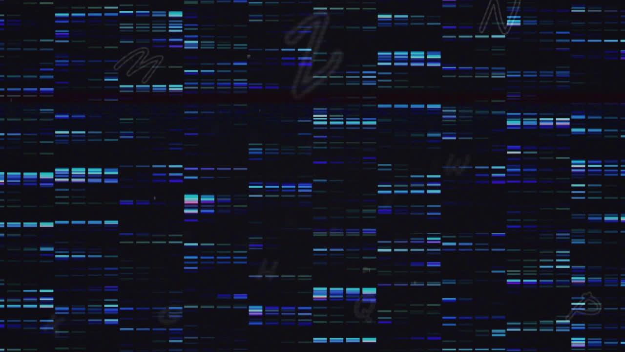 Animation of abstract network server lights moving over alphabets on digital interface