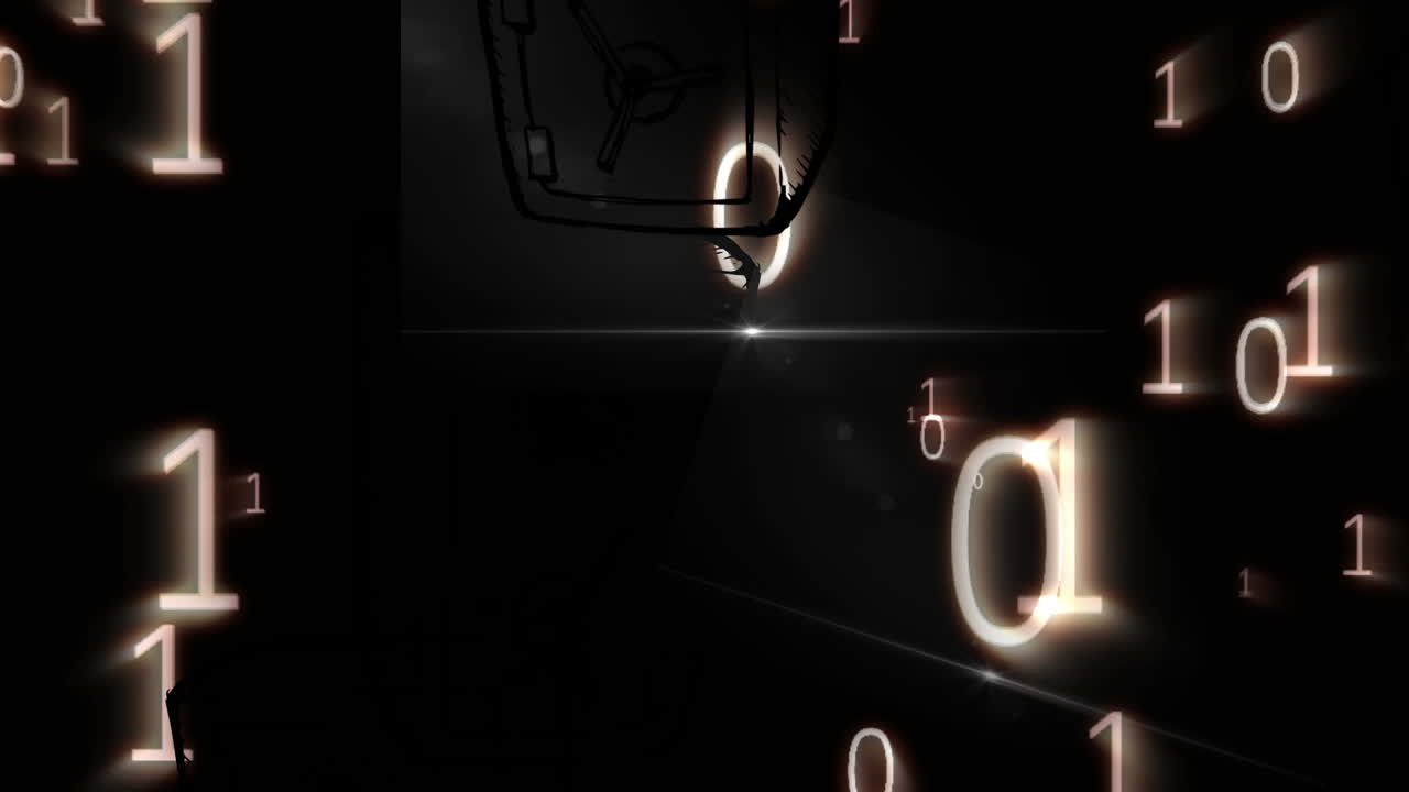 Animation of network of connections with savelock security icons over binary coding