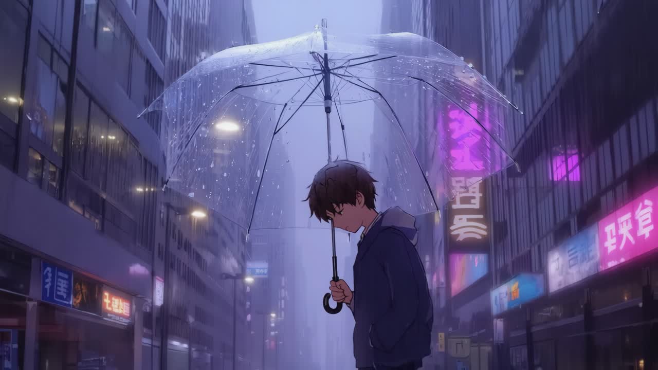 Anime boy with umbrella in a rainy city street