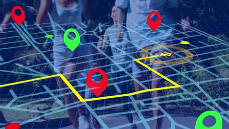 navigator pin over navigation map line scheme against group of diverse people running a marathon