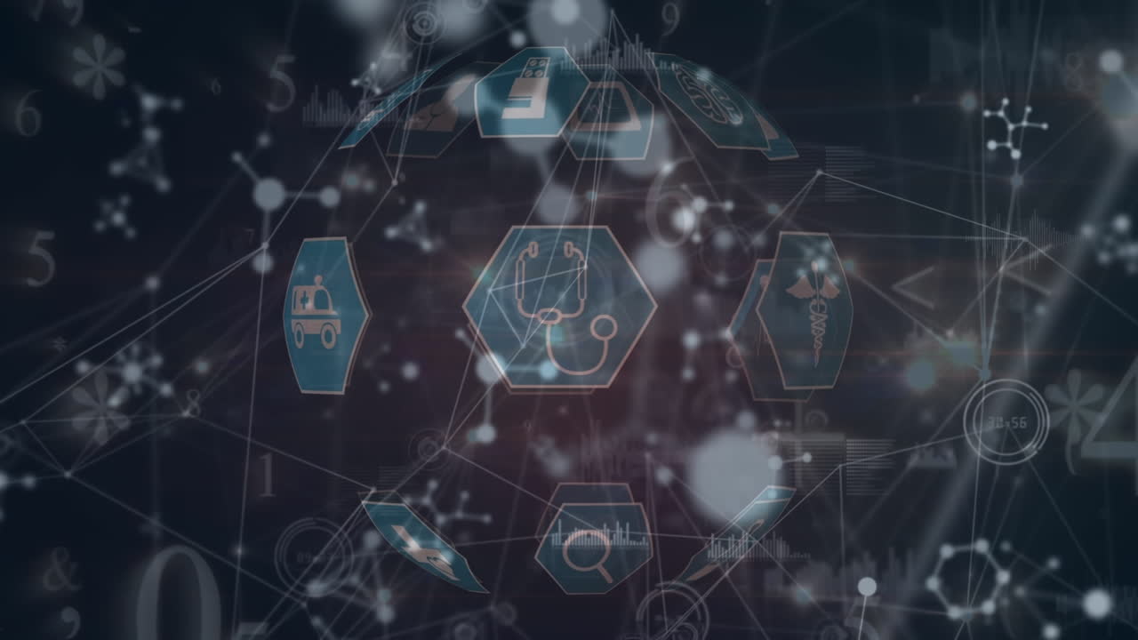 어두운 파란색 배경에 전 세계 의료 아이콘과 연결 네트워크의 애니메이션