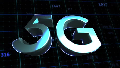 Animation of 5G text with digital grid background, highlighting advanced technology