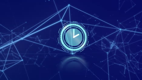 animación del reloj y la red de conexiones sobre fondo azul oscuro